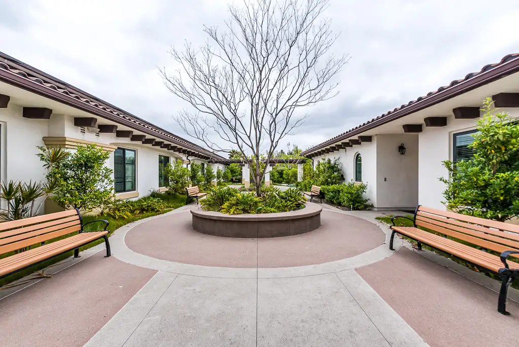 Outdoor Courtyard with Park Benches Outdoor Courtyard with Park Benches